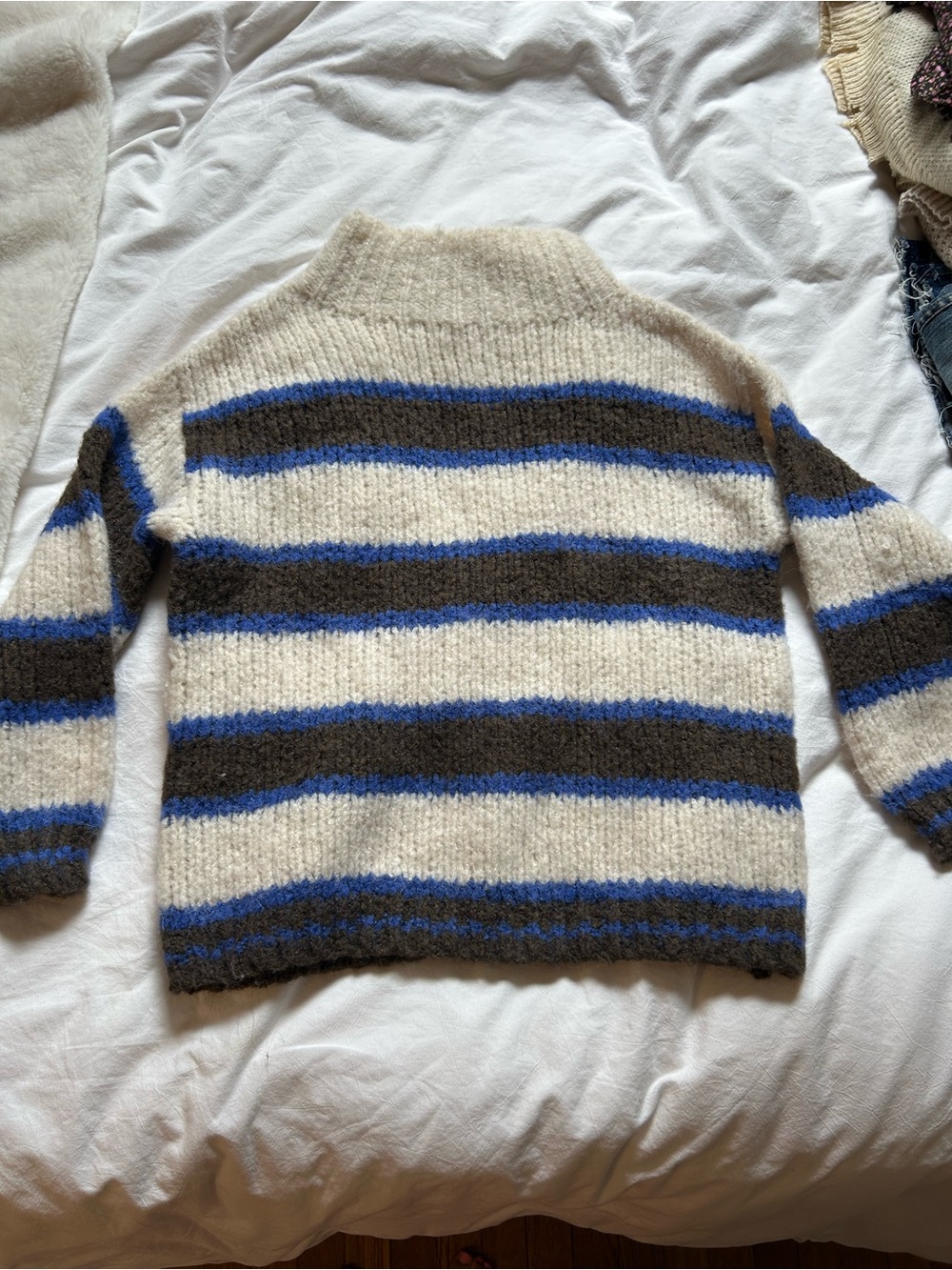 Striped Mock-Neck Women’s Sweater in Cream, Blue & Gray